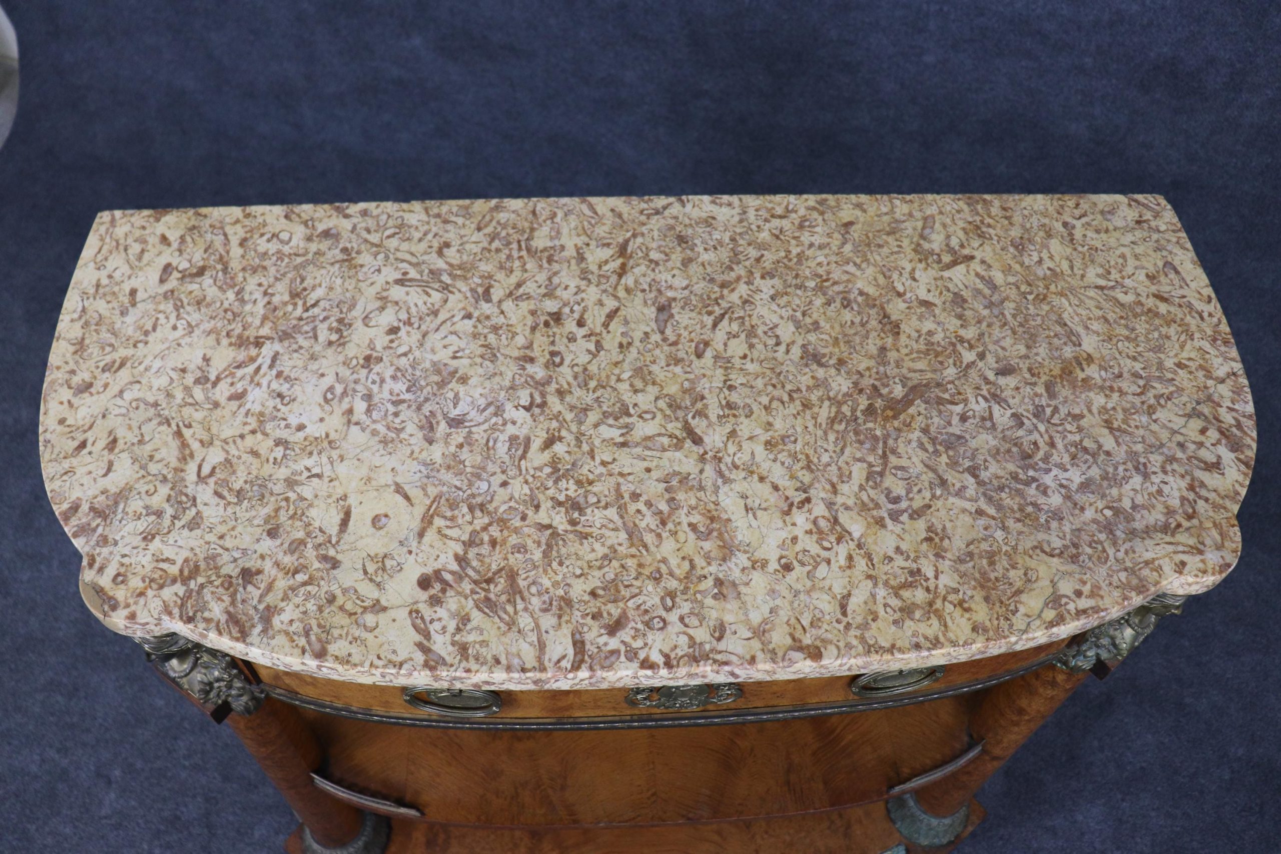 Antique Burled Walnut Server: Marble Top Bronze Mounted Console - Image 5