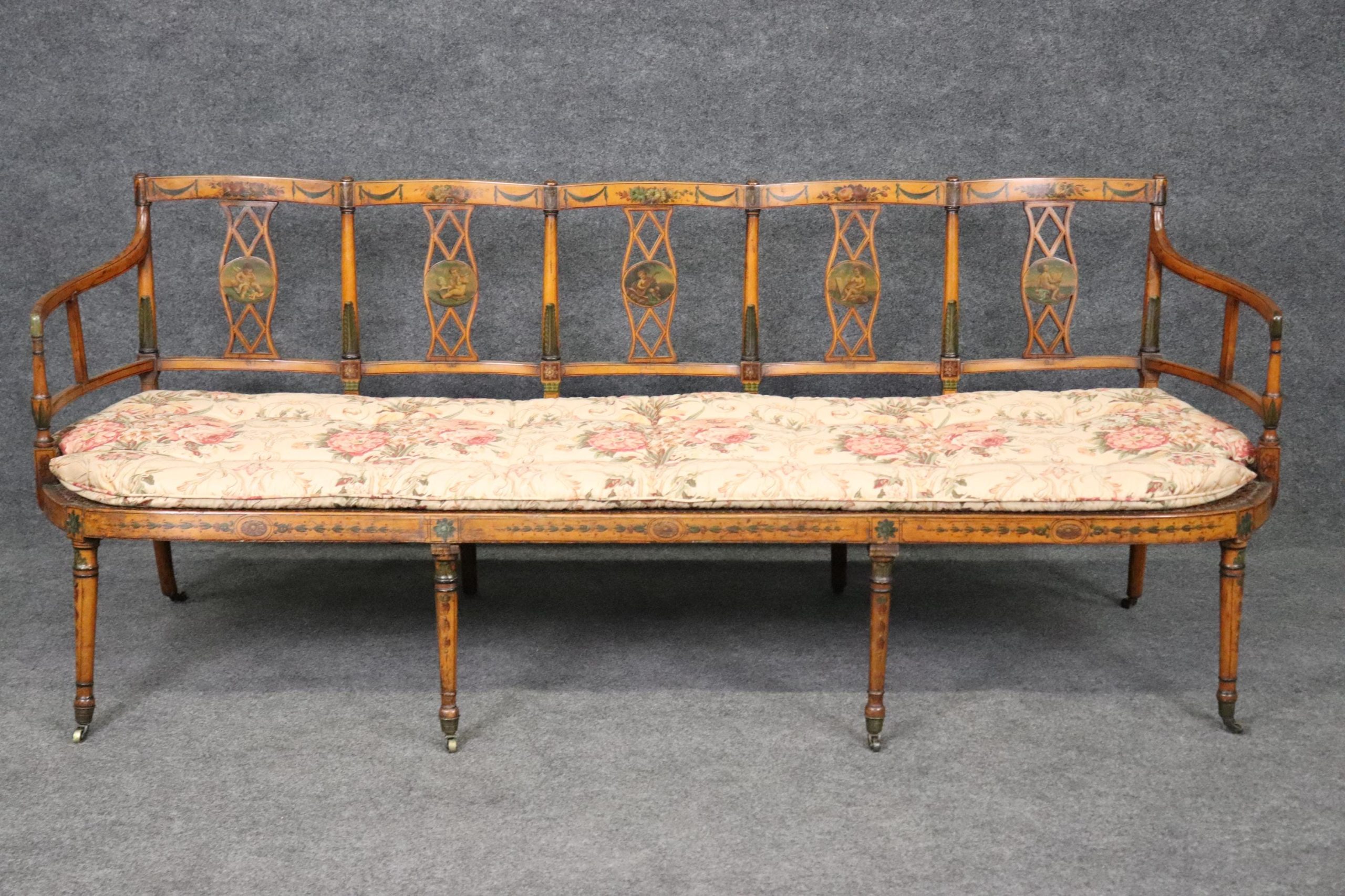 19th Century English Adams Style Paint Decorated Settee with Cane Seat, Sofa - Image 3