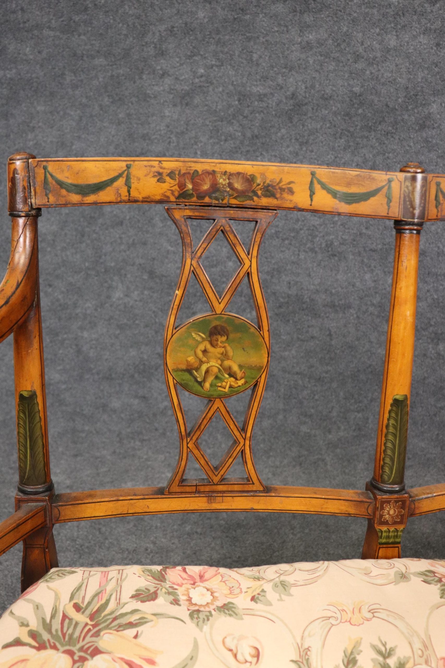 19th Century English Adams Style Paint Decorated Settee with Cane Seat, Sofa - Image 8