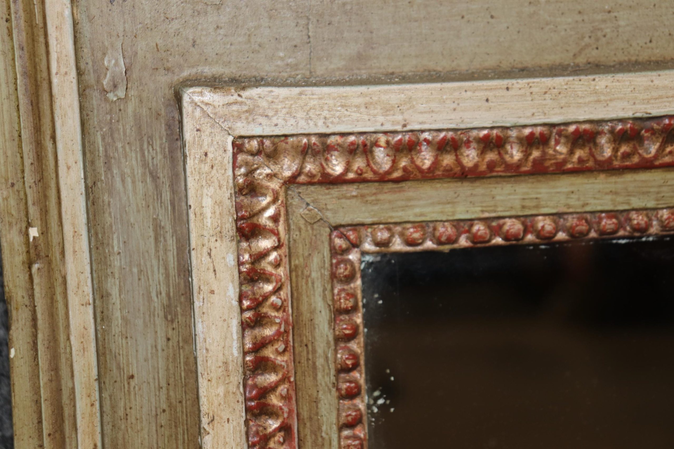 Antique Louis XVI Style Trumeau Mirror: Distressed Grayish-Green, Silver Gilt Accents - Image 5