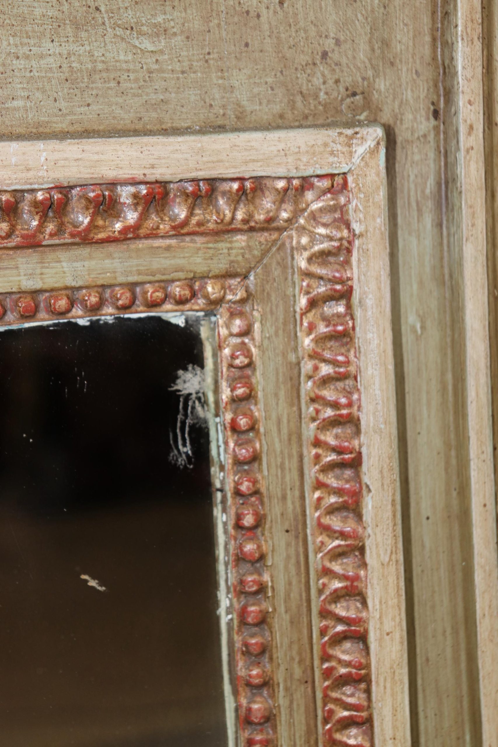 Antique Louis XVI Style Trumeau Mirror: Distressed Grayish-Green, Silver Gilt Accents - Image 6