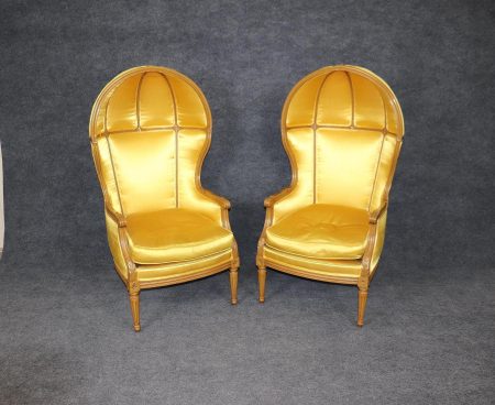 Vintage Louis XVI Style Porter Chairs: Gold Upholstered Canopy Armchairs