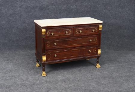 Antique Empire Style Marble Top Commode: Gilt Metal Inlay, Paw Feet