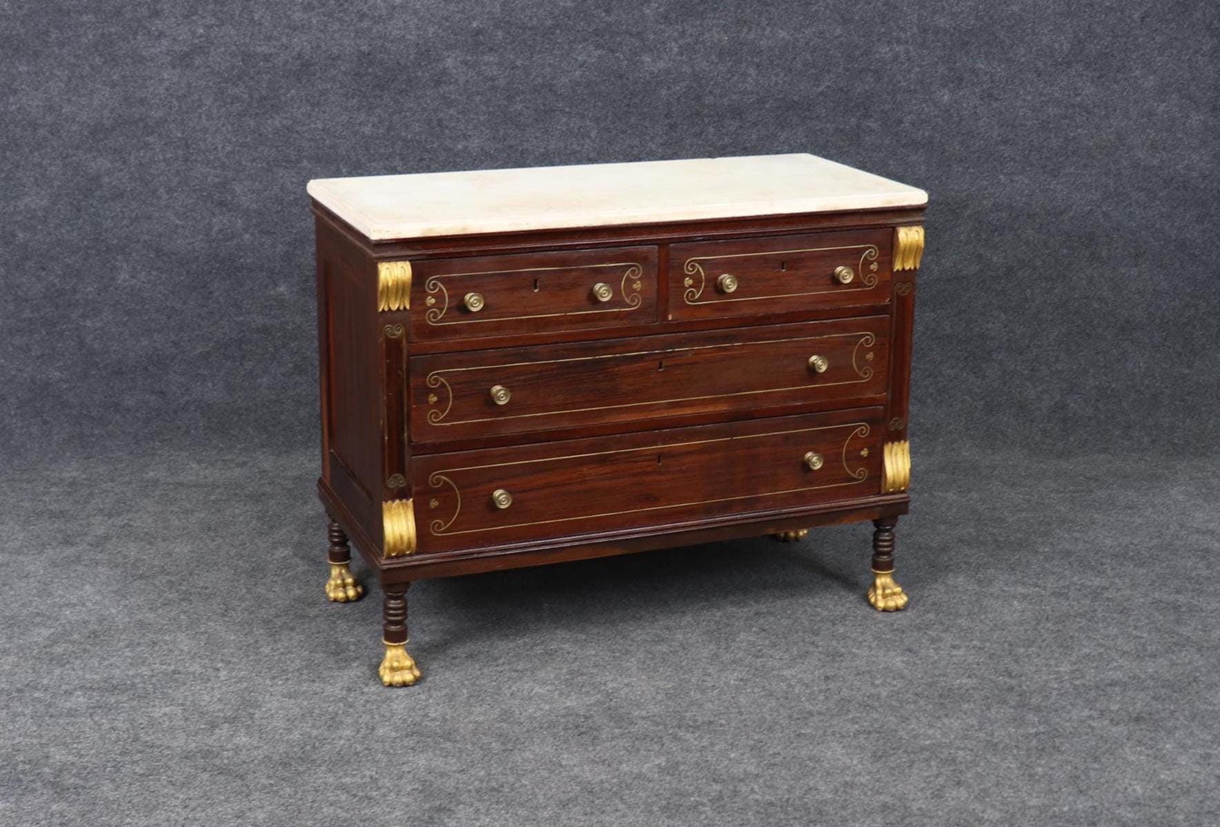 Antique Empire Style Marble Top Commode: Gilt Metal Inlay, Paw Feet