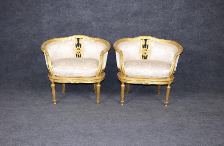 Mid Century Louis XVI Style Gold Gilt Parlor Chairs: Cane Seat Pair