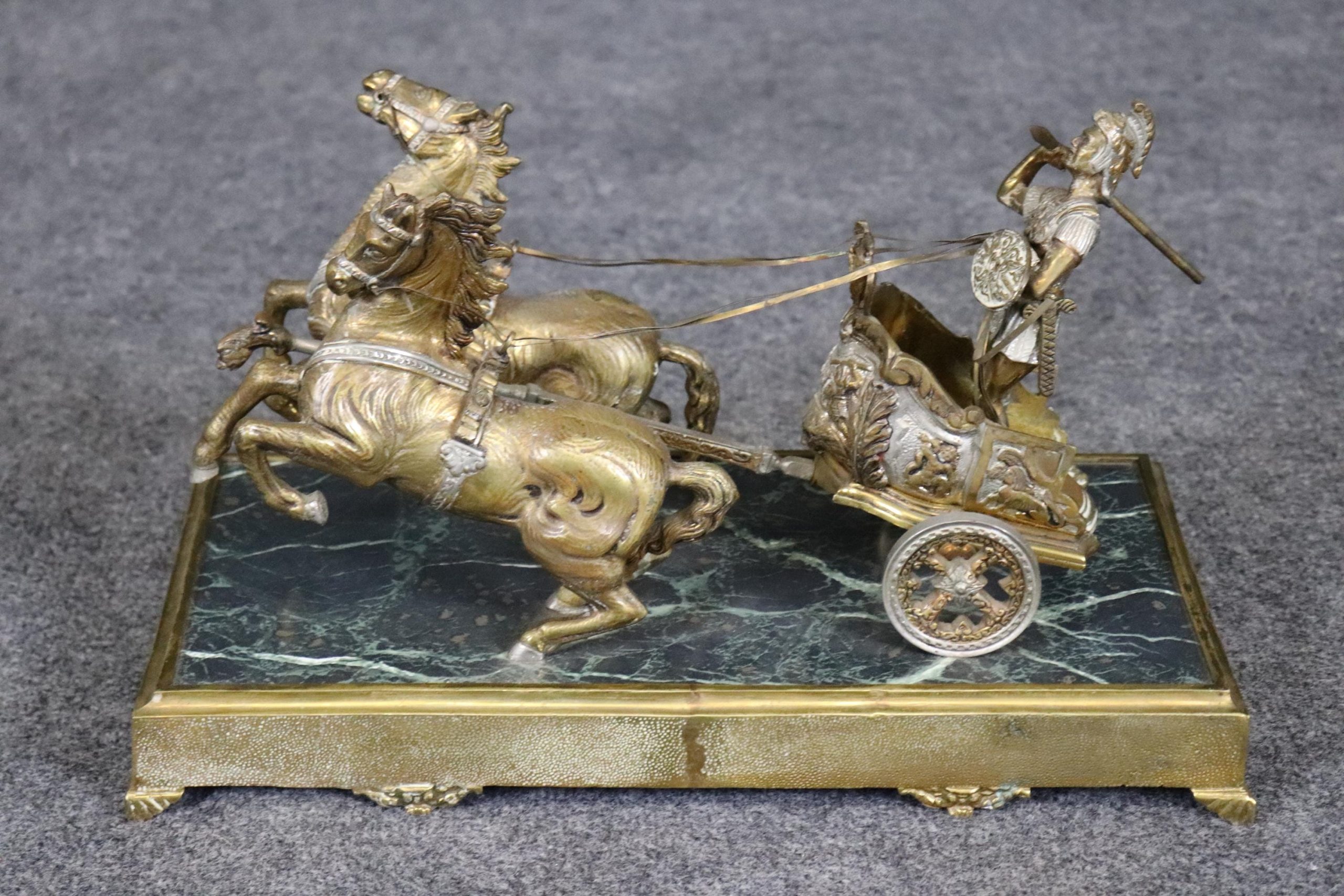 Antique Bronze Roman Warrior Chariot Statue on Marble Base - Image 4