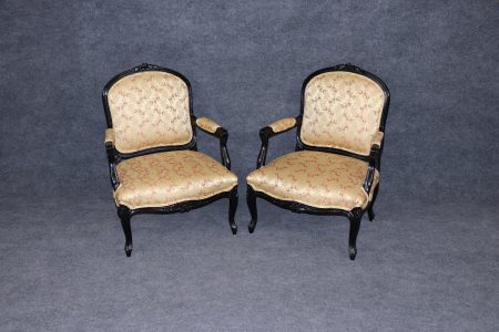 Vintage Louis XV Style Armchairs: Ebonized Black Lacquer, Upholstered Pair