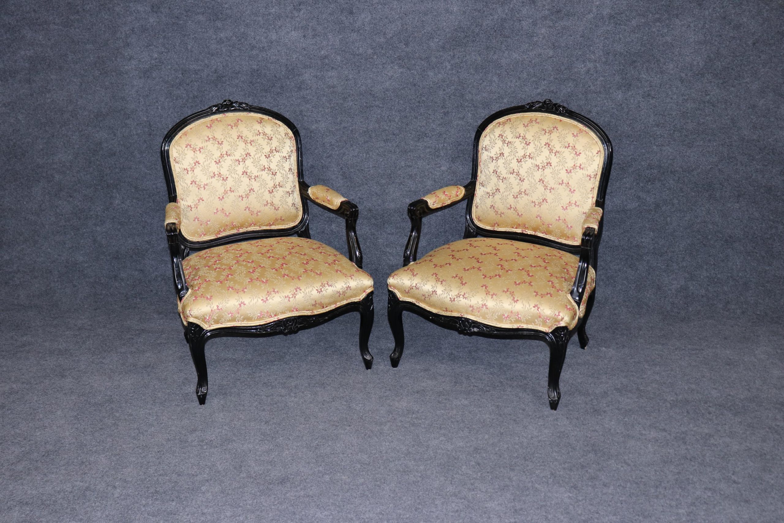 Vintage Louis XV Style Armchairs: Ebonized Black Lacquer, Upholstered Pair