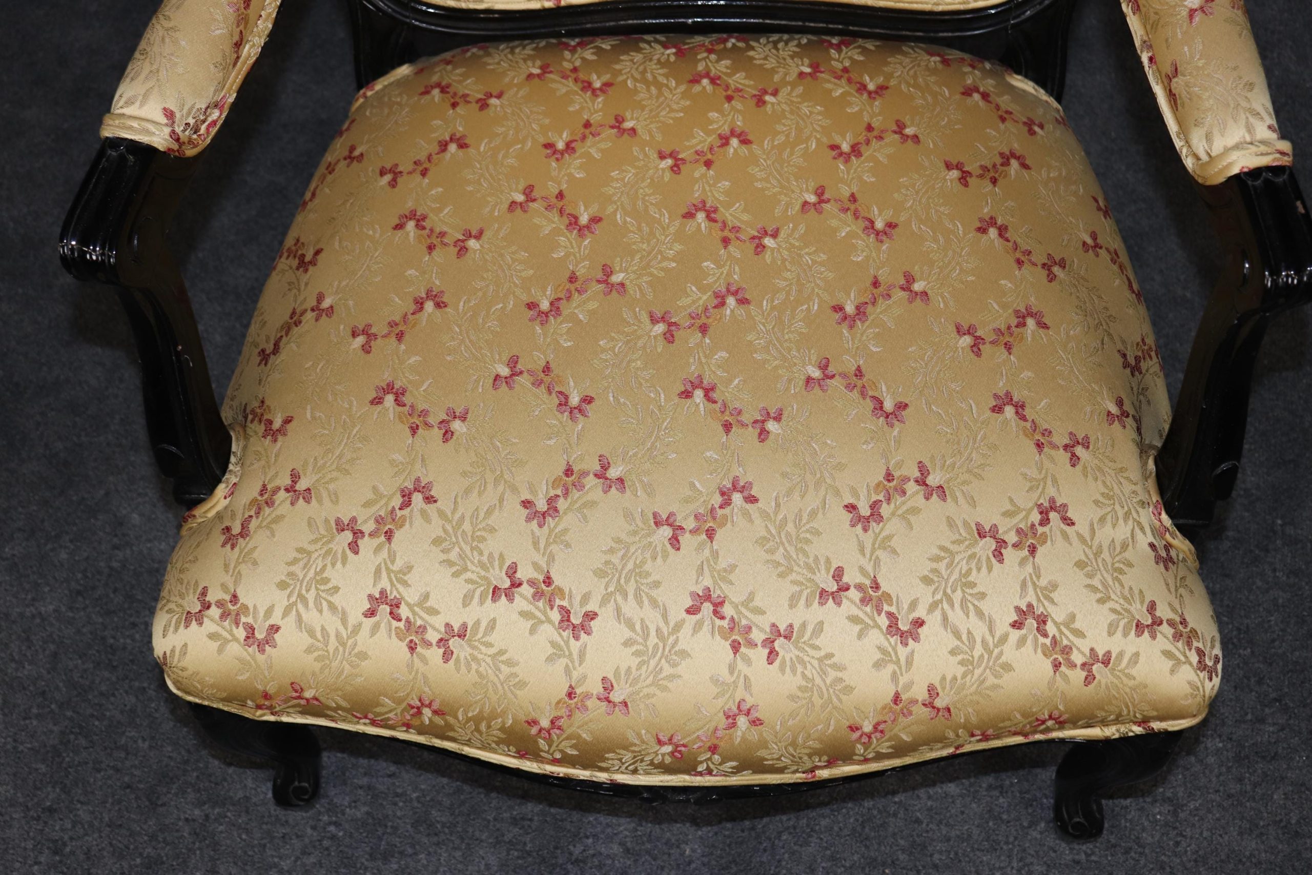 Vintage Louis XV Style Armchairs: Ebonized Black Lacquer, Upholstered Pair - Image 9