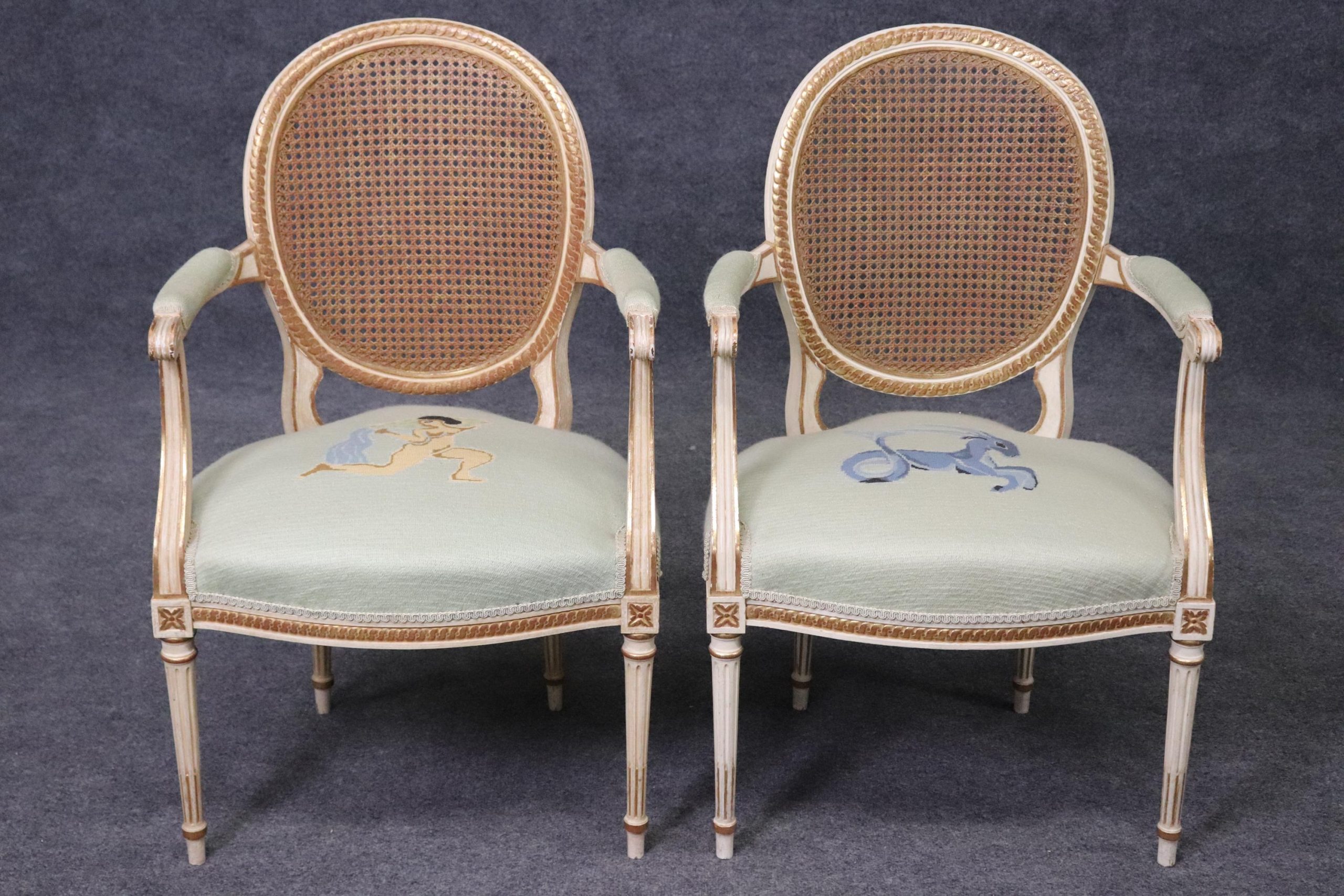 Vintage Louis XVI Style Armchairs: Needlepoint Upholstered Cane Back Pair - Image 4