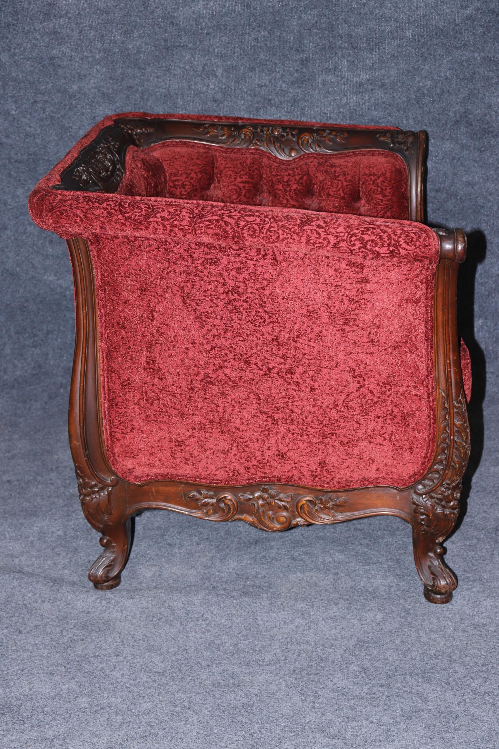Vintage Carved Country French Red Upholstered Club Chair - Image 2