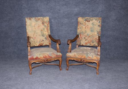 Antique Continental Needlepoint Armchairs: Carved Walnut Pair