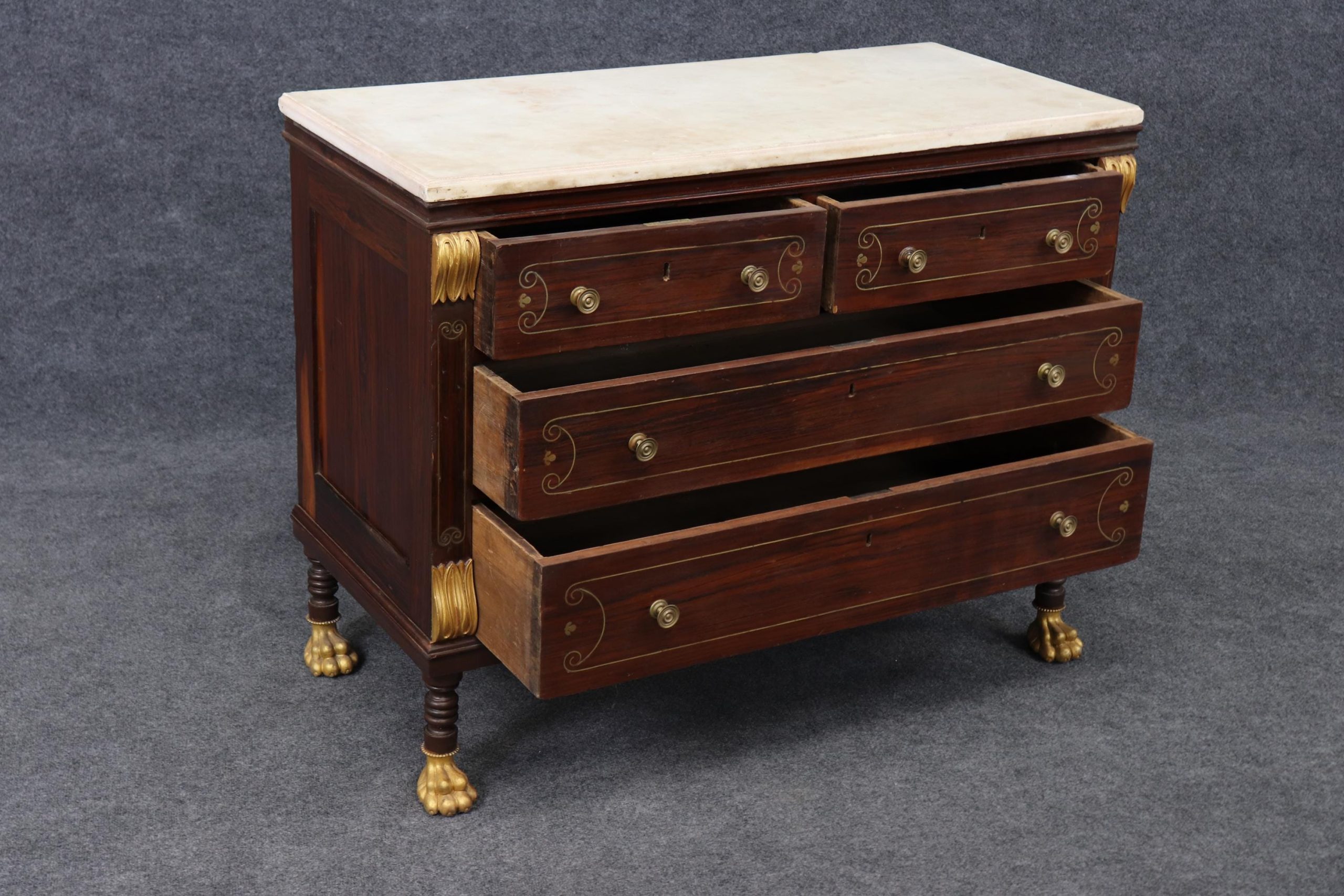 Antique Empire Style Marble Top Commode: Gilt Metal Inlay, Paw Feet - Image 3