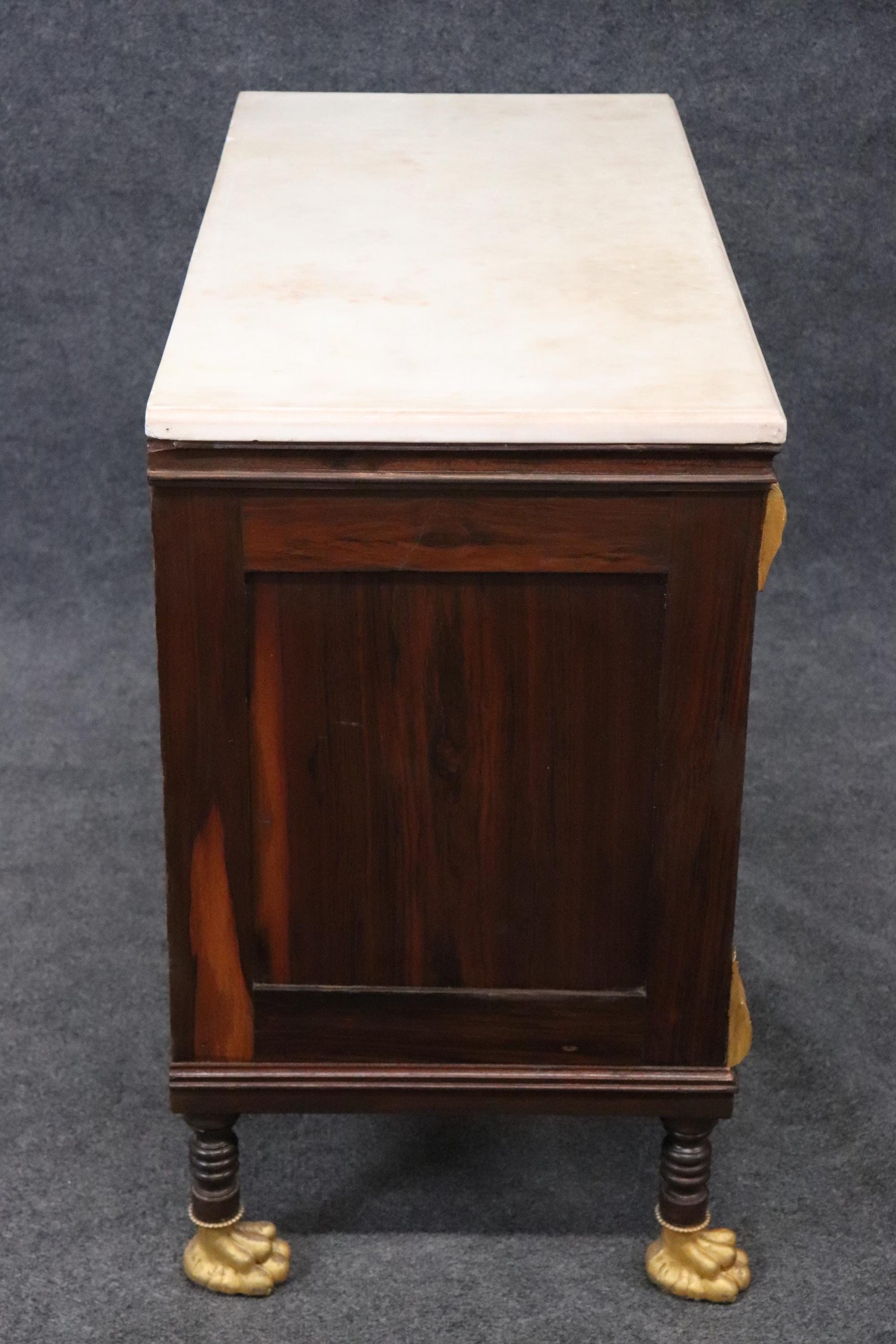 Antique Empire Style Marble Top Commode: Gilt Metal Inlay, Paw Feet - Image 4