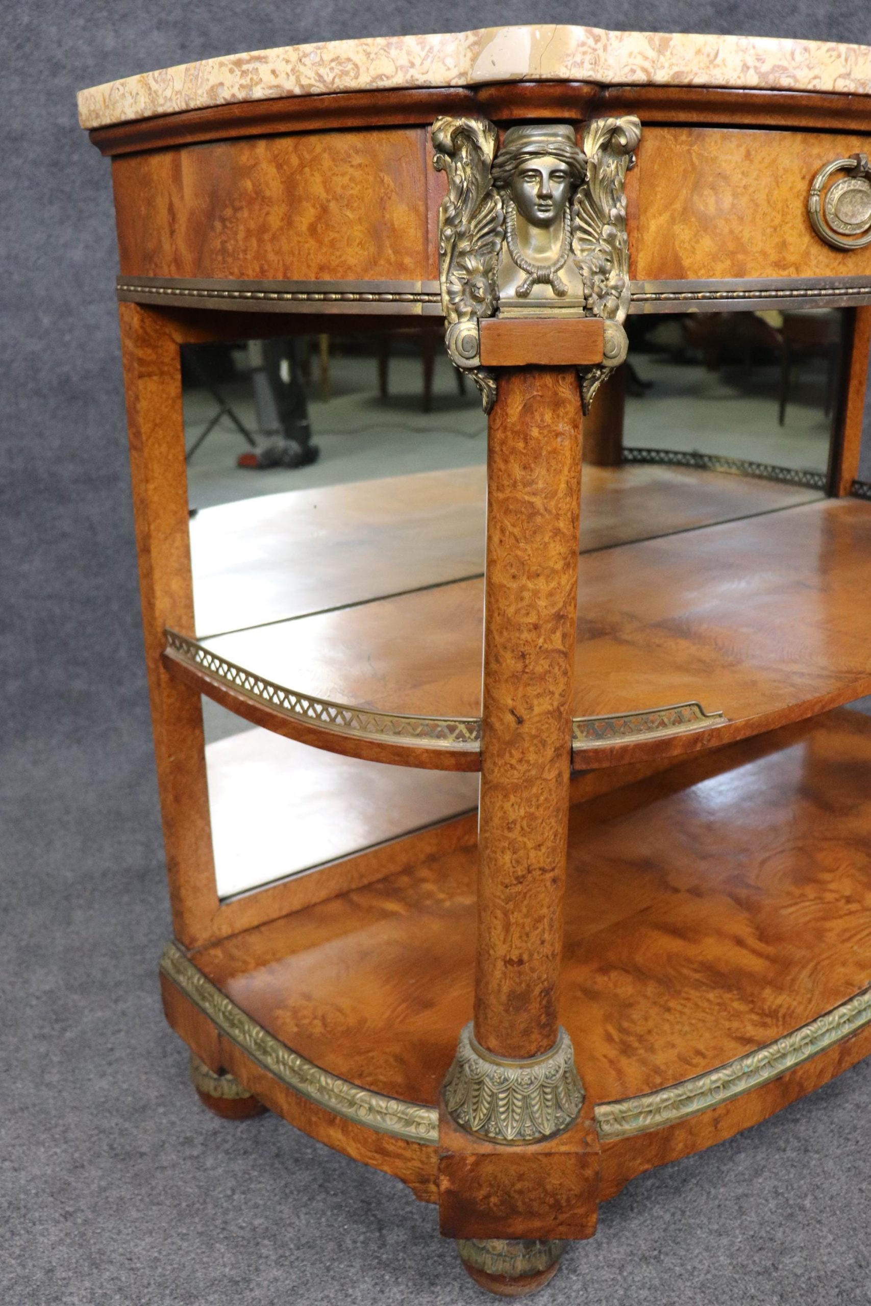 Antique Burled Walnut Server: Marble Top Bronze Mounted Console - Image 6