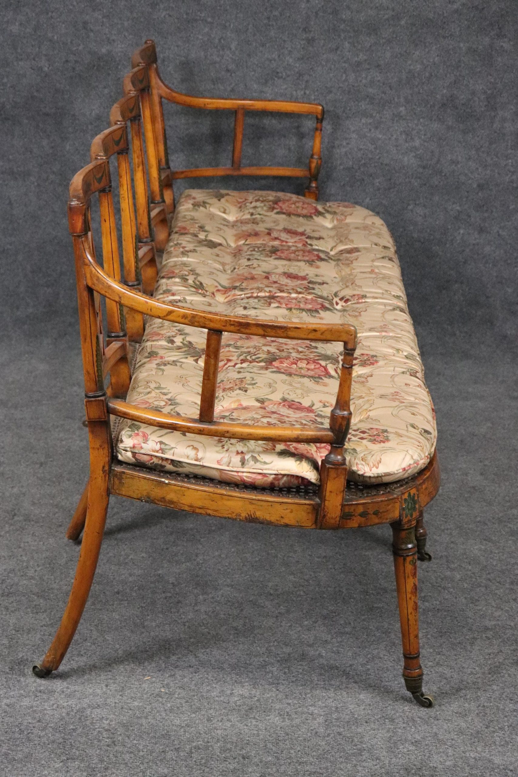 19th Century English Adams Style Paint Decorated Settee with Cane Seat, Sofa - Image 4