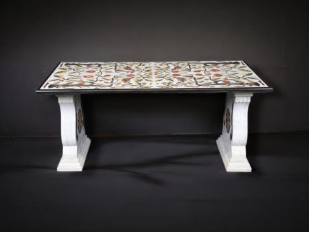 Mid Century Pietra Dura Marble Top Dining Table on Pedestal Bases