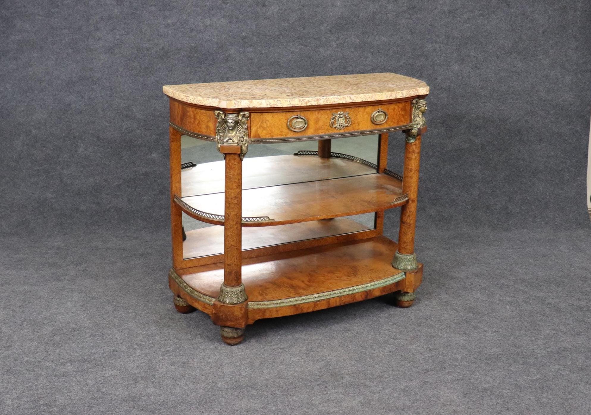 Antique Burled Walnut Server: Marble Top Bronze Mounted Console
