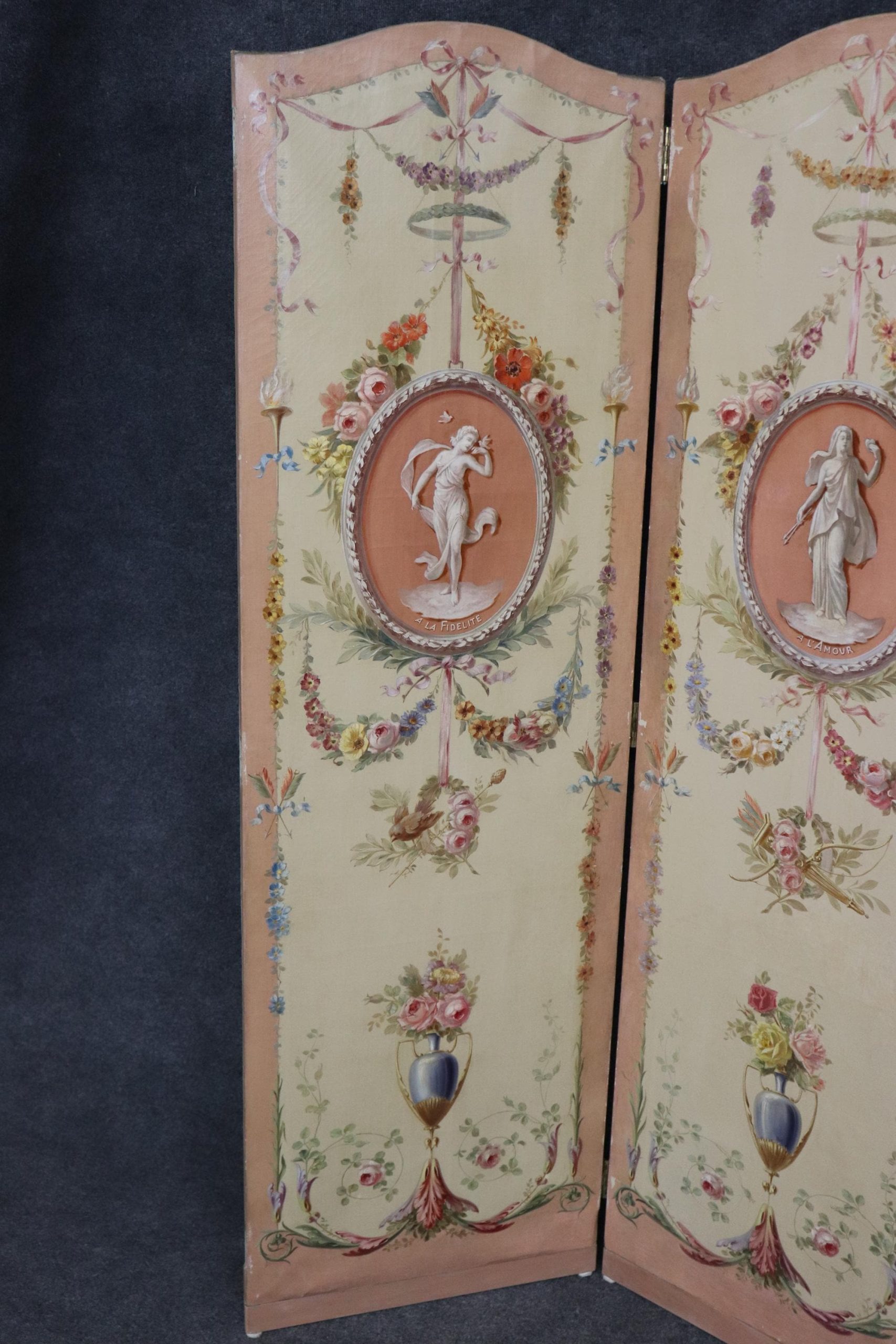 Antique 19th Century Louis XVI Style Paint Decorated 4 Panel Screen, Room Divider - Image 3
