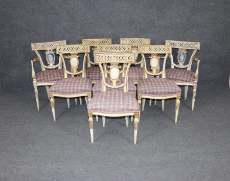 Antique Italian Louis XVI Style Dining Chairs: Neoclassical Gold Gilt Set of 8