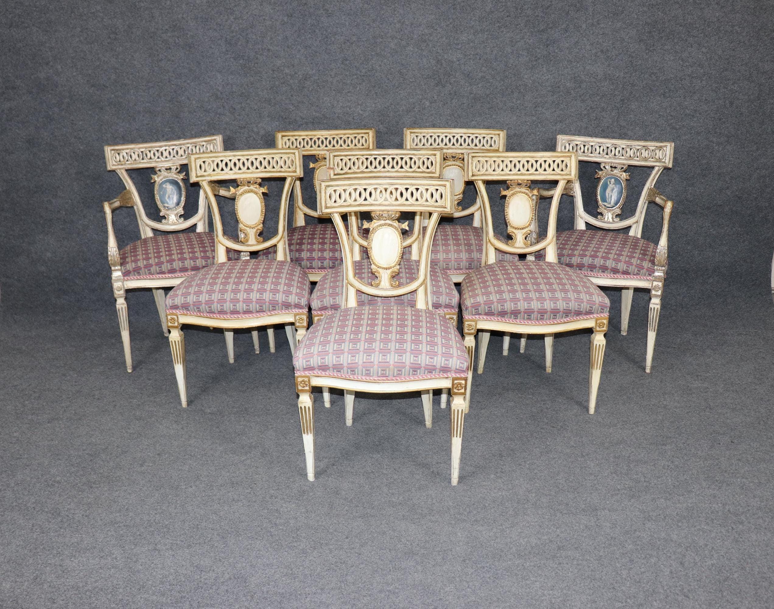 Antique Italian Louis XVI Style Dining Chairs: Neoclassical Gold Gilt Set of 8