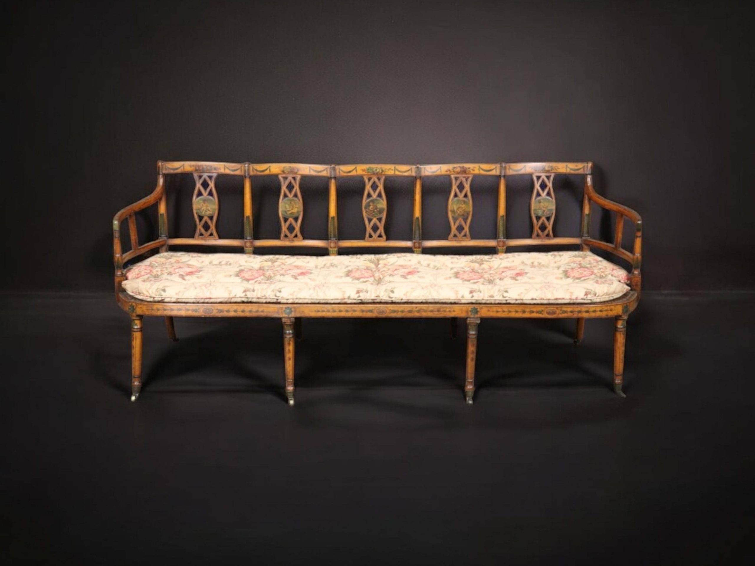19th Century English Adams Style Paint Decorated Settee with Cane Seat, Sofa