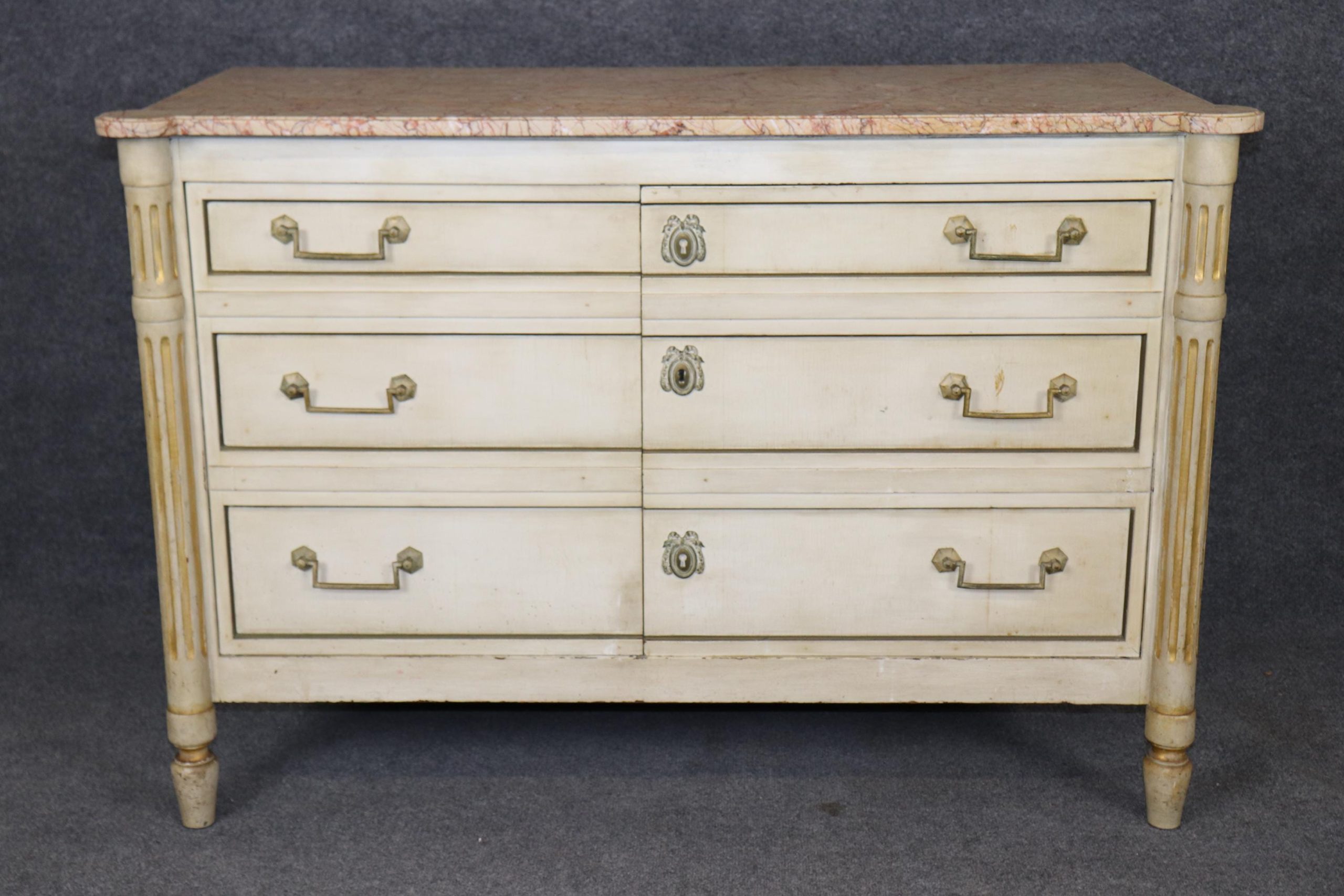 Vintage Louis XVI Directoire Style Creme Paint Decorated Marble Top Commode, Cabinet - Image 2