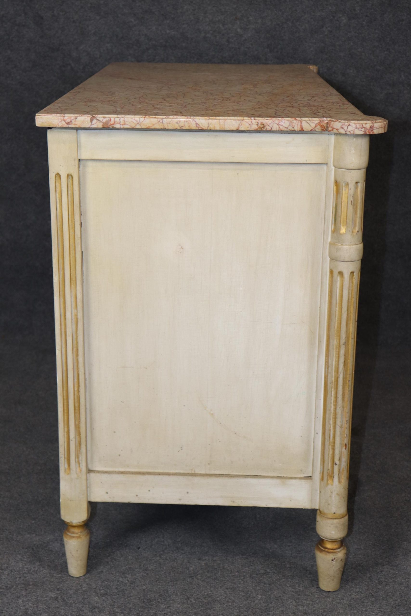 Vintage Louis XVI Directoire Style Creme Paint Decorated Marble Top Commode, Cabinet - Image 3