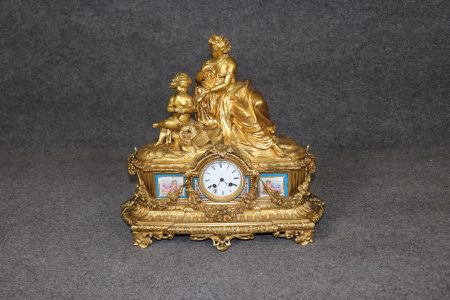 French 19th Century Napoleonic Style Bronze Ormolu Clock with Sevres Style Inset Plaques by Japy Freres, Mantle Clock