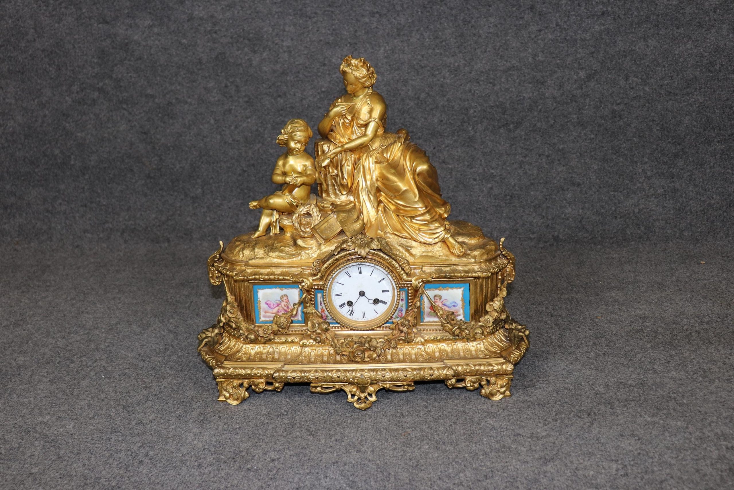 French 19th Century Napoleonic Style Bronze Ormolu Clock with Sevres Style Inset Plaques by Japy Freres, Mantle Clock