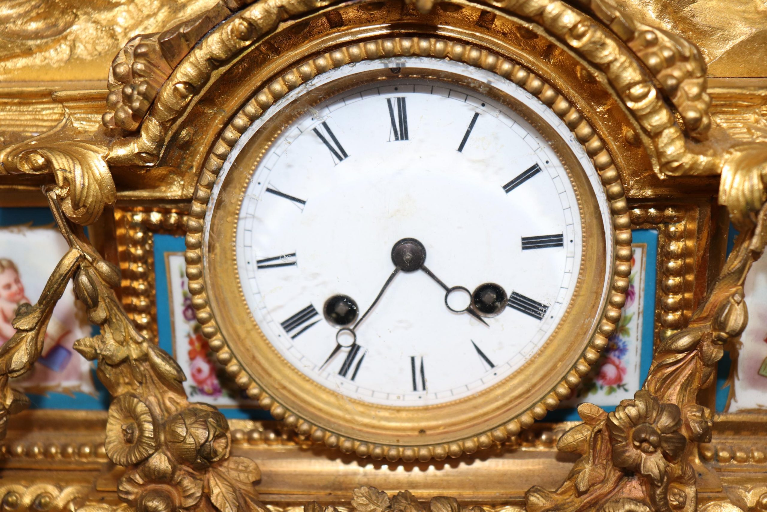 French 19th Century Napoleonic Style Bronze Ormolu Clock with Sevres Style Inset Plaques by Japy Freres, Mantle Clock - Image 4