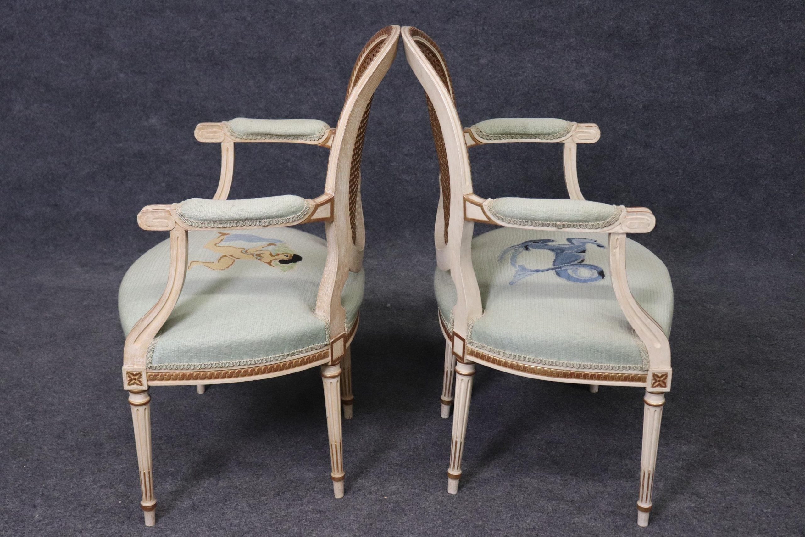 Vintage Louis XVI Style Armchairs: Needlepoint Upholstered Cane Back Pair - Image 2