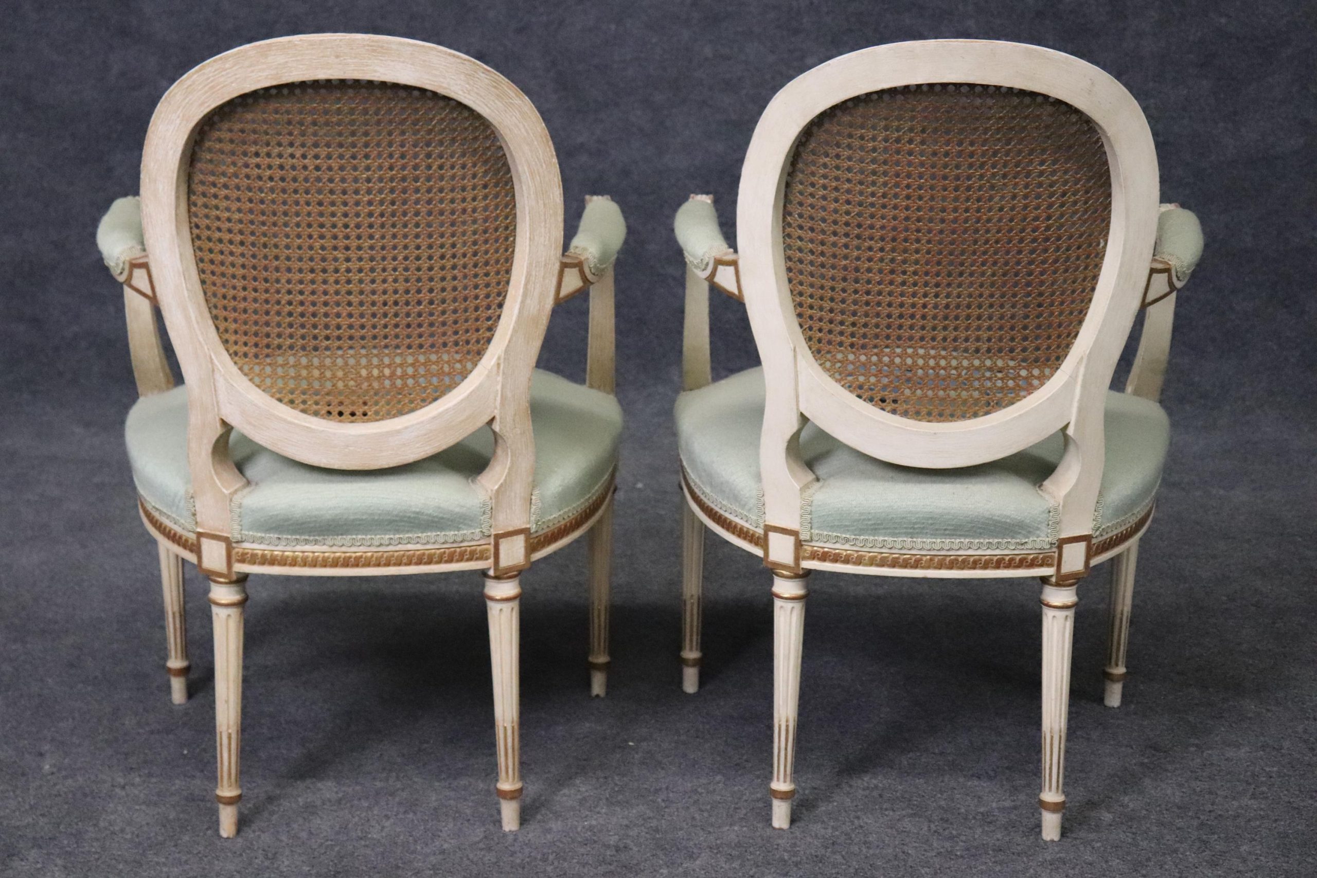 Vintage Louis XVI Style Armchairs: Needlepoint Upholstered Cane Back Pair - Image 3