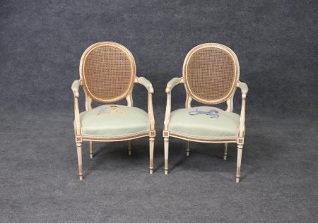Vintage Louis XVI Style Armchairs: Needlepoint Upholstered Cane Back Pair