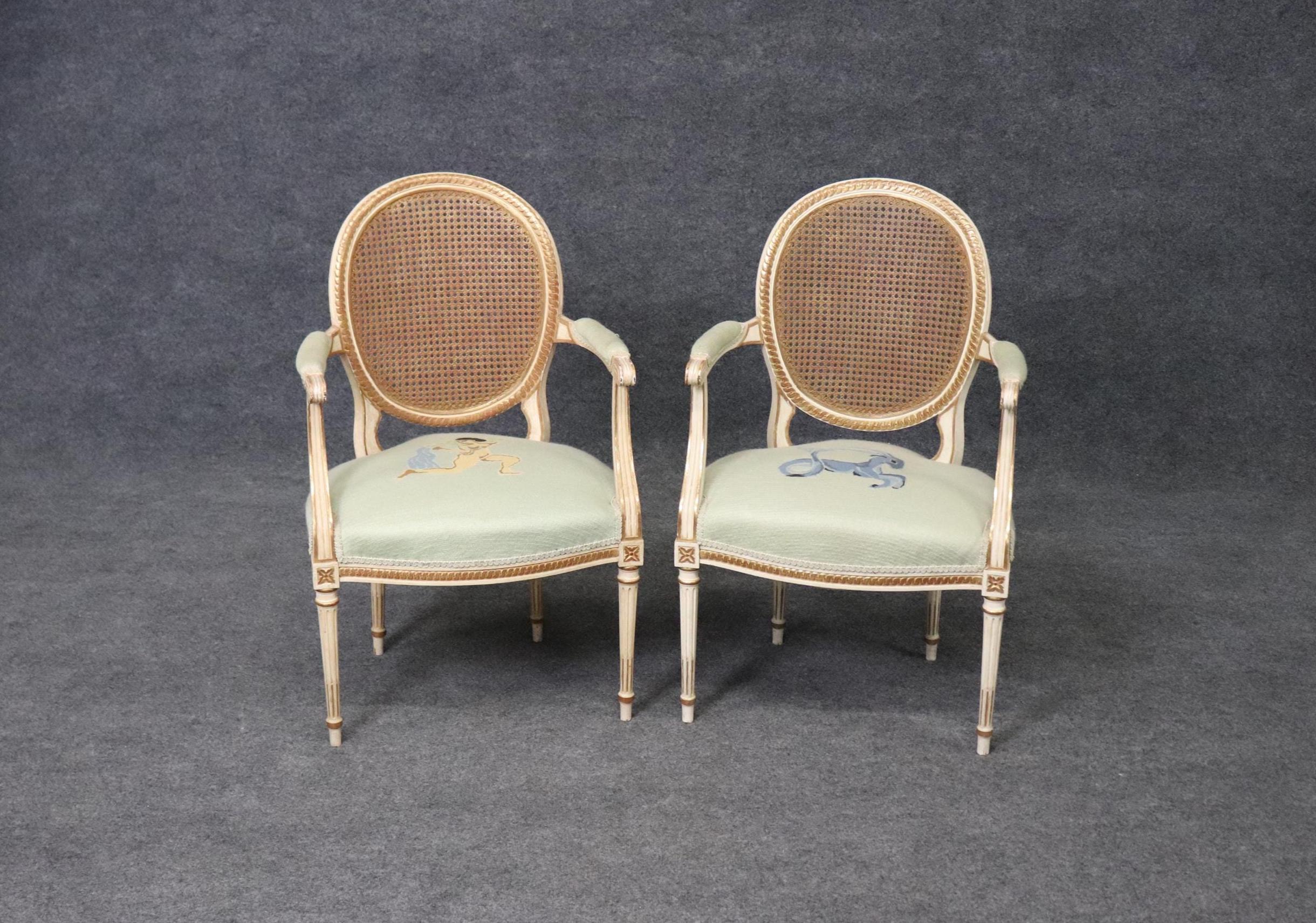 Vintage Louis XVI Style Armchairs: Needlepoint Upholstered Cane Back Pair