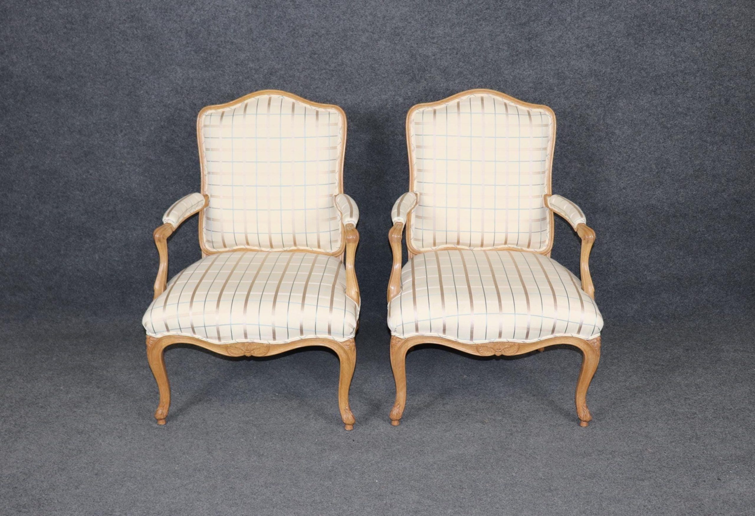 Mid Century Louis XV Style Bergere Armchairs: Accent Lounge Chairs, Pair