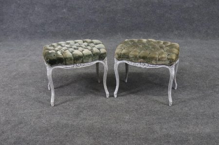 Vintage Pair of Louis XV Style Distressed Paint Decorate Upholstered Benches, Footstools