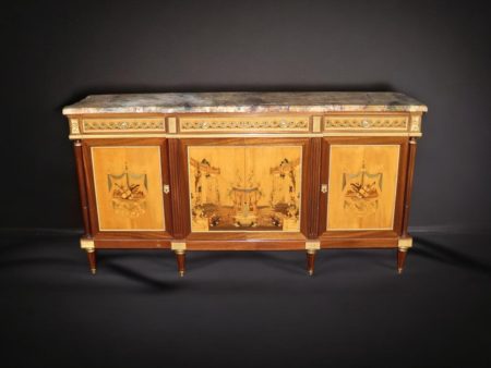 French Louis XVI Style Marble Top Sideboard: Maison Dissidi Ormolu Credenza