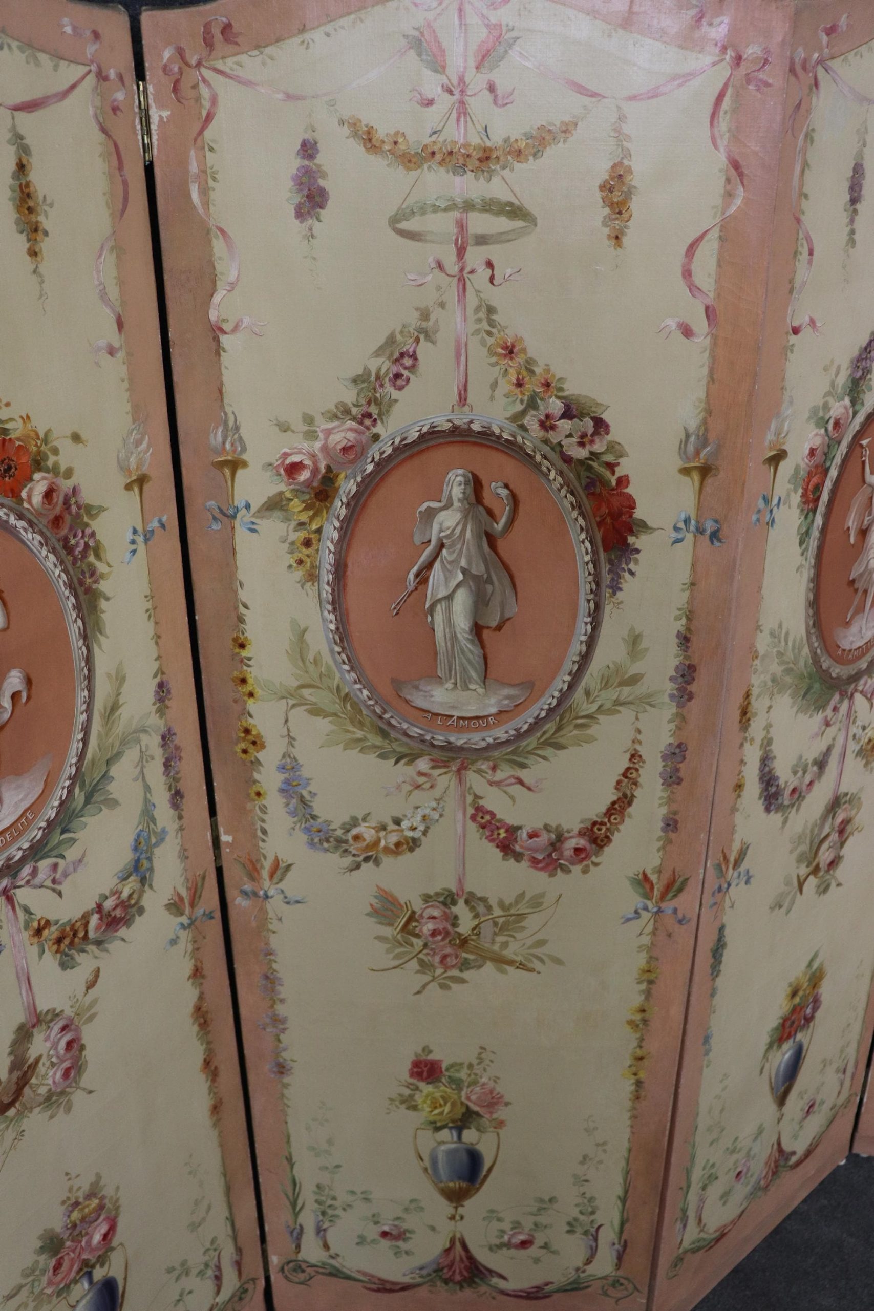 Antique 19th Century Louis XVI Style Paint Decorated 4 Panel Screen, Room Divider - Image 6