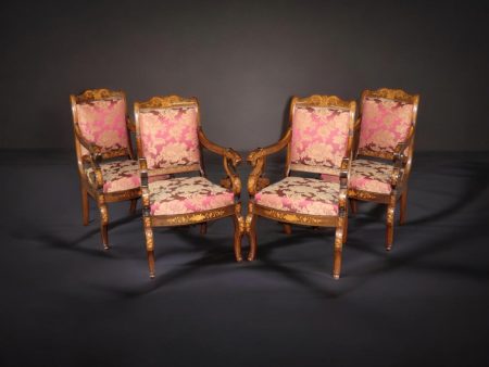 Set of 4 Vintage Dutch Marquetry Inlaid Armchairs, Accent Chairs