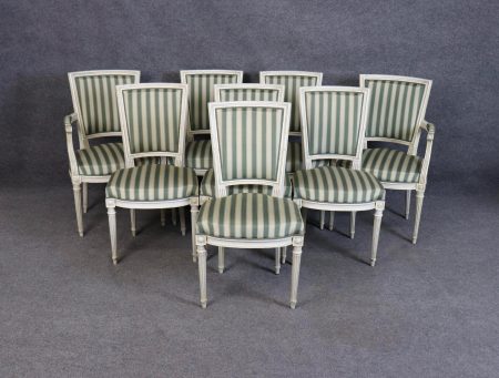Set of 8 Maison Jansen Louis XVI Directoire Style Paint Decorated Upholstered Dining Chairs, Kitchen Chairs