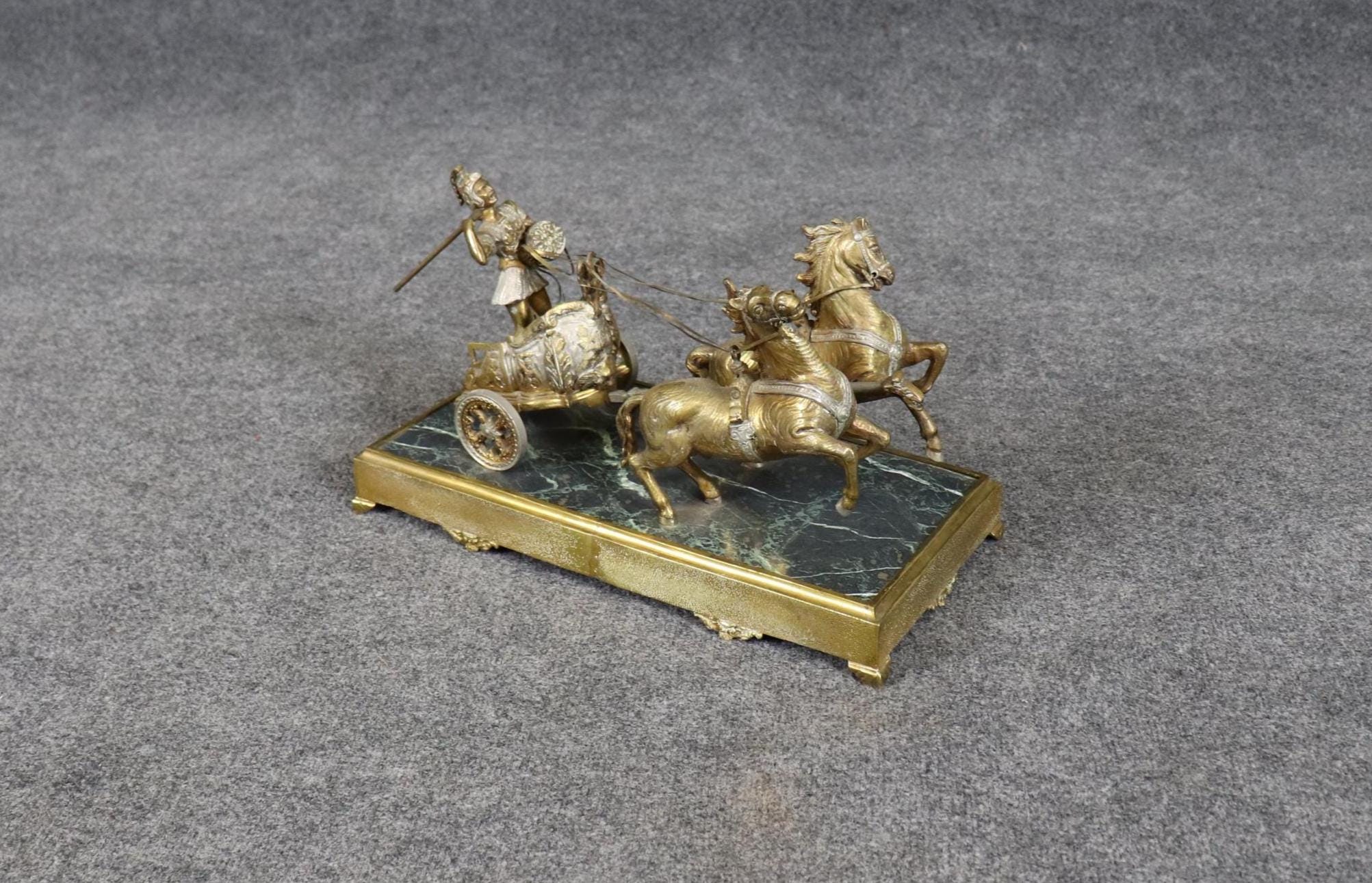 Antique Bronze Roman Warrior Chariot Statue on Marble Base