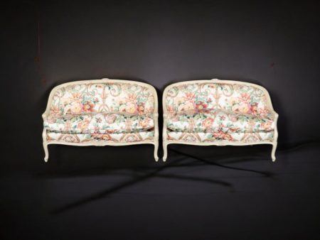 Vintage Pair of Louis XV Style Creme Paint Decorated Settees, Loveseat