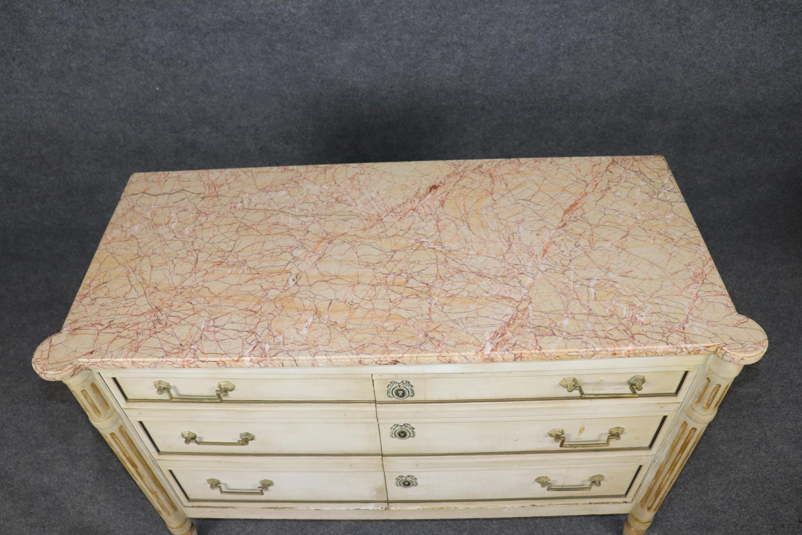 Vintage Louis XVI Directoire Style Creme Paint Decorated Marble Top Commode, Cabinet - Image 6
