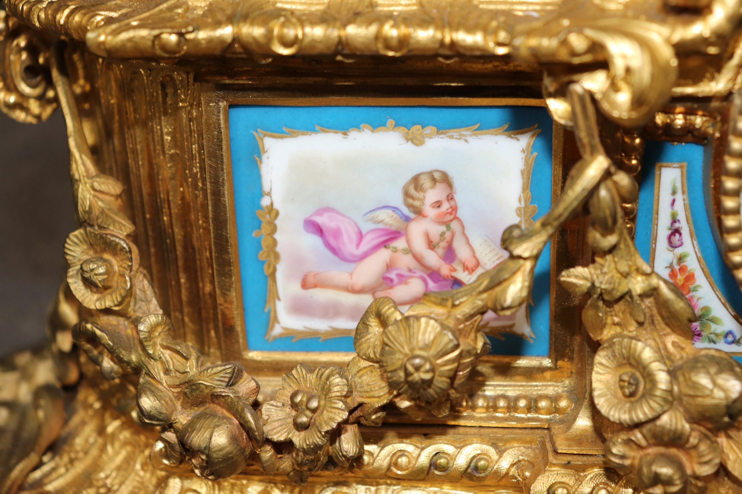 French 19th Century Napoleonic Style Bronze Ormolu Clock with Sevres Style Inset Plaques by Japy Freres, Mantle Clock - Image 5