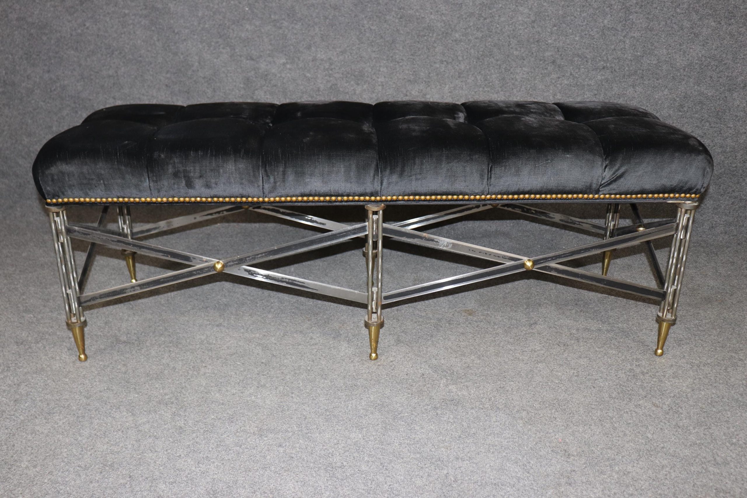 Hollywood Regency Brass Window Bench: Tufted Boudoir Seat - Image 4