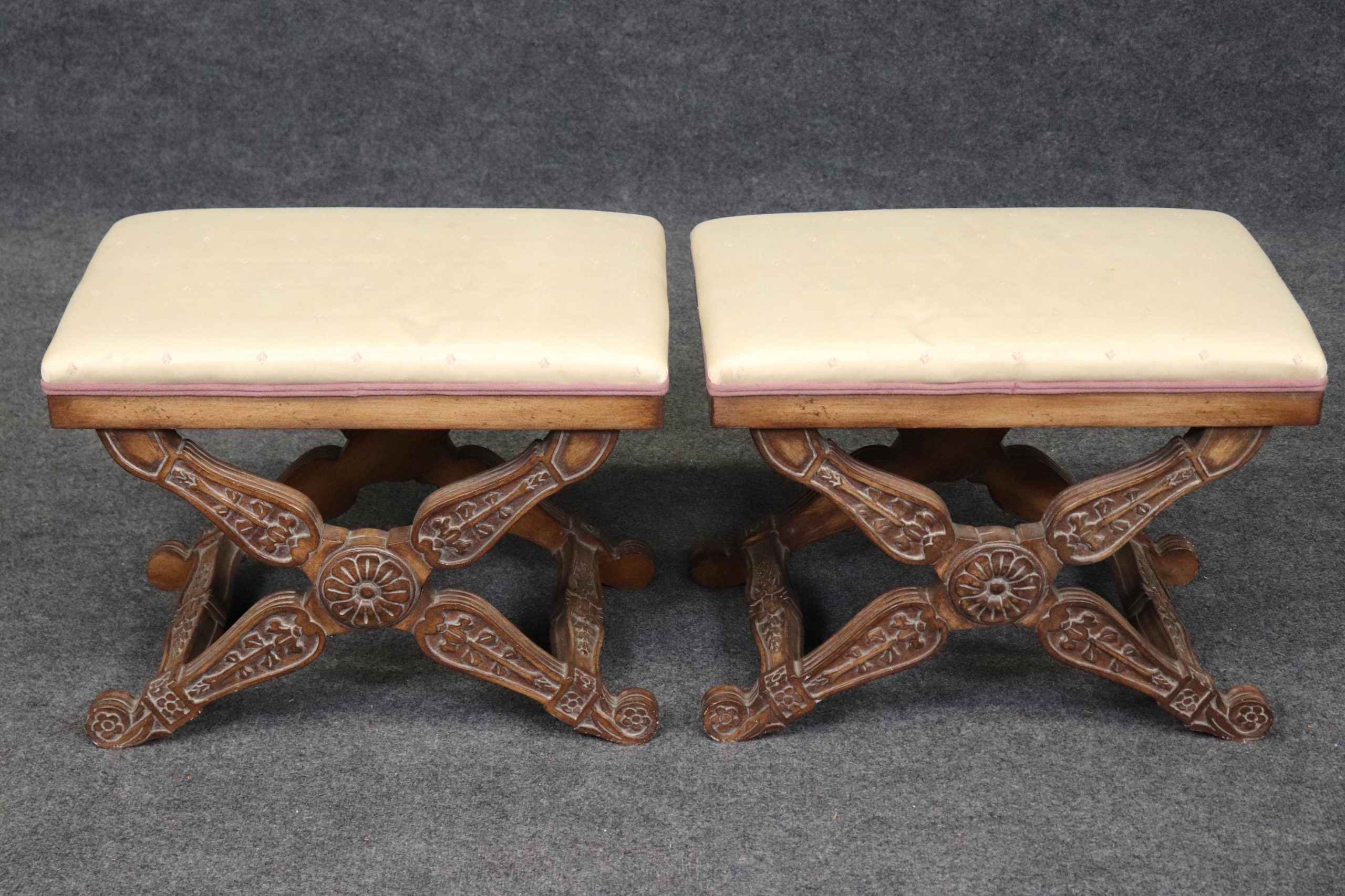 Vintage Regency Style X Benches: Upholstered Footstools, MCM Furniture - Image 2