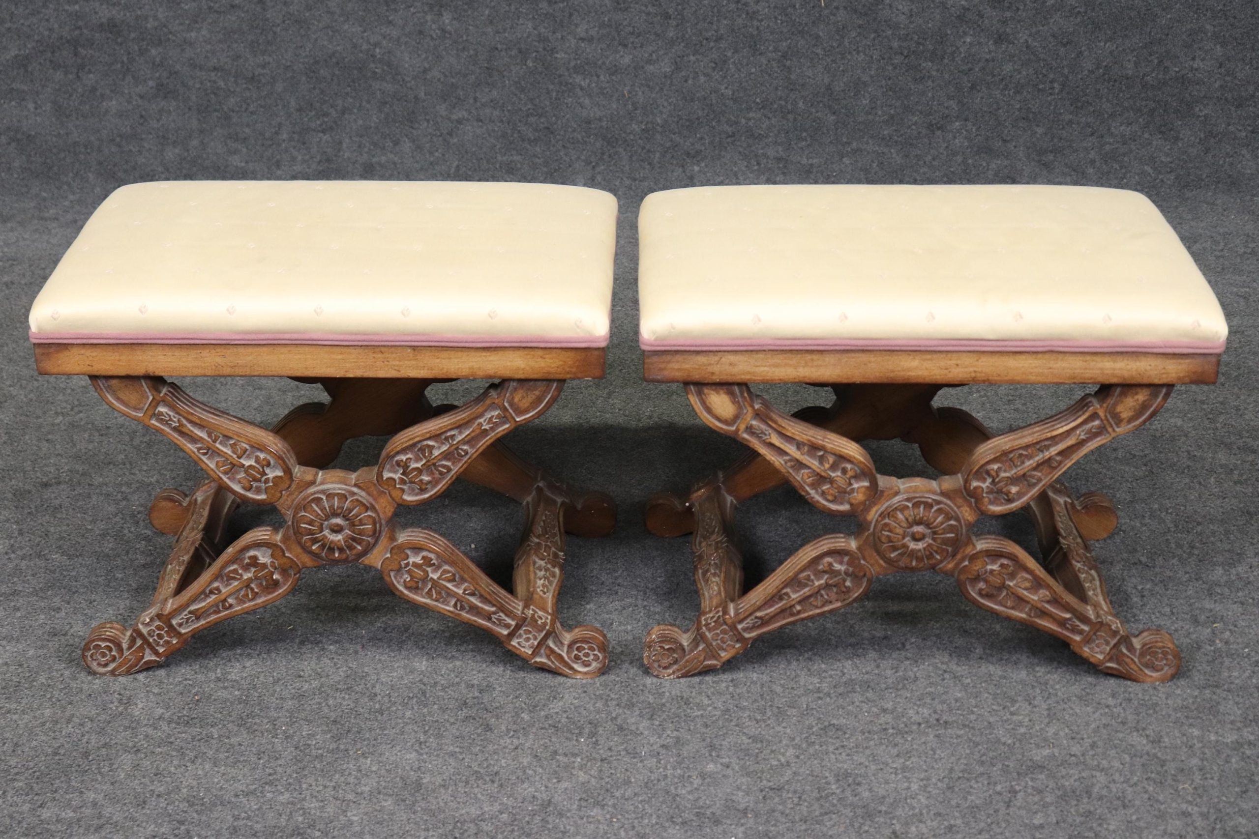 Vintage Regency Style X Benches: Upholstered Footstools, MCM Furniture - Image 4