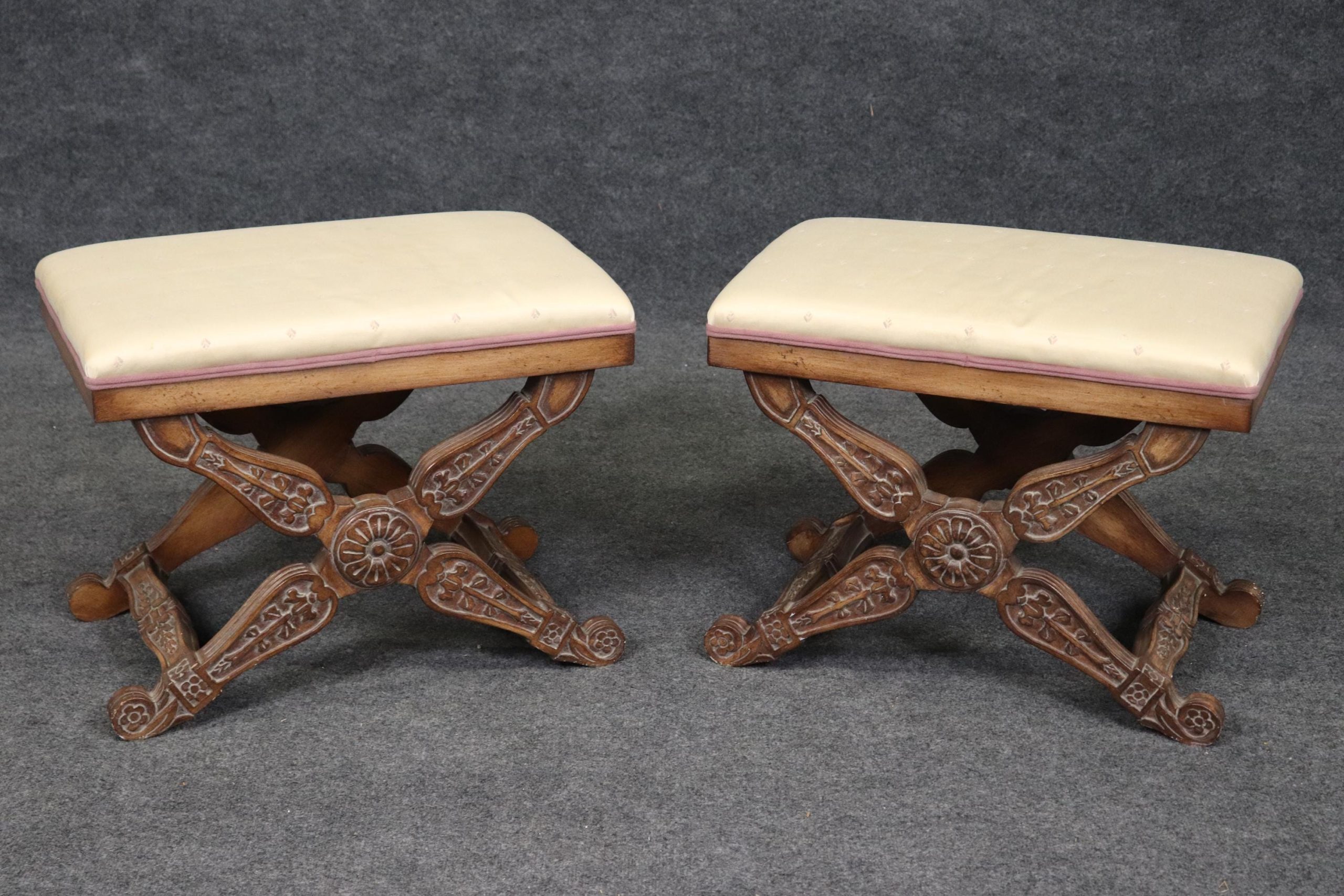 Vintage Regency Style X Benches: Upholstered Footstools, MCM Furniture - Image 10
