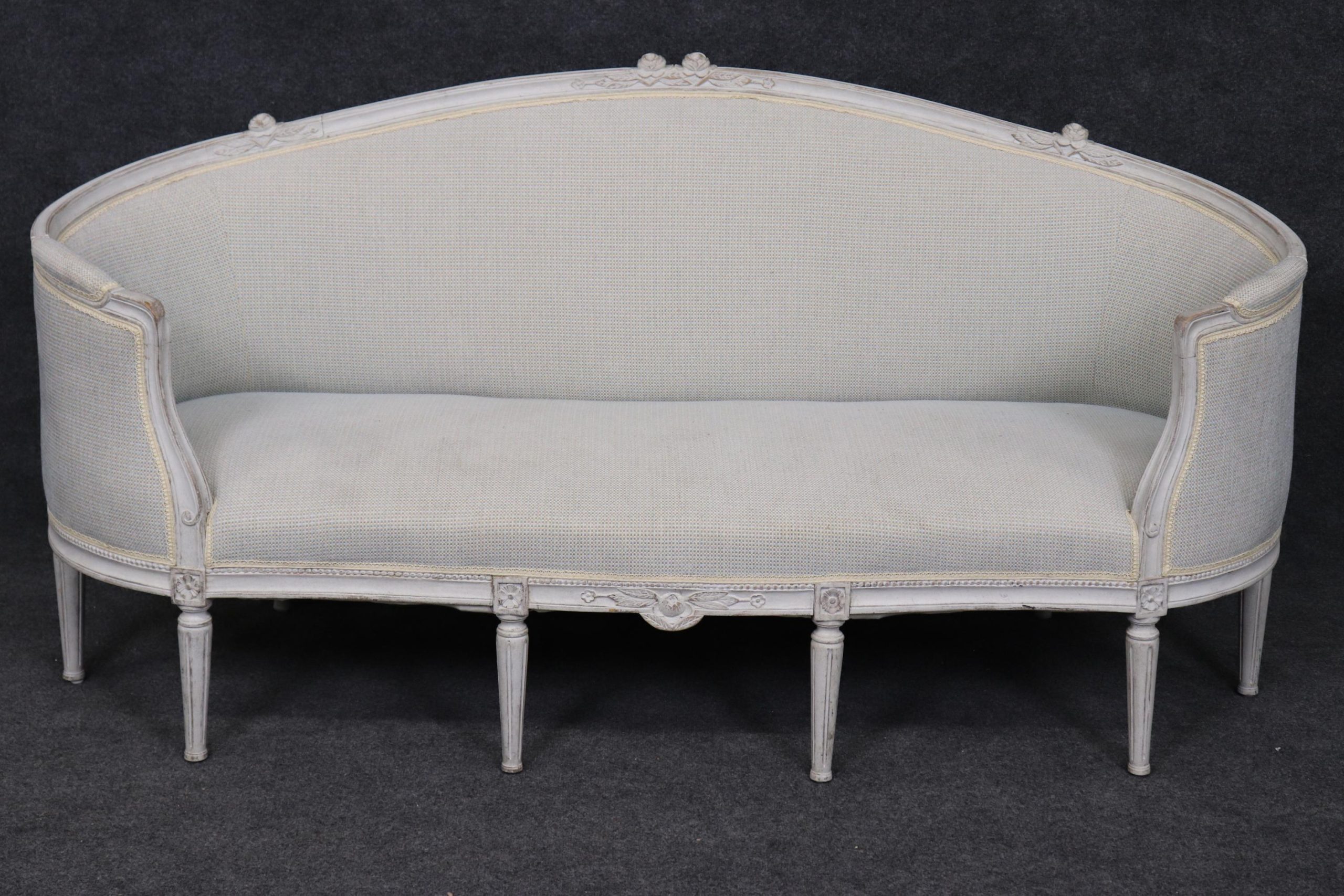 Vintage Louis XVI Style Settee: Distressed Paint, Upholstered Loveseat - Image 2
